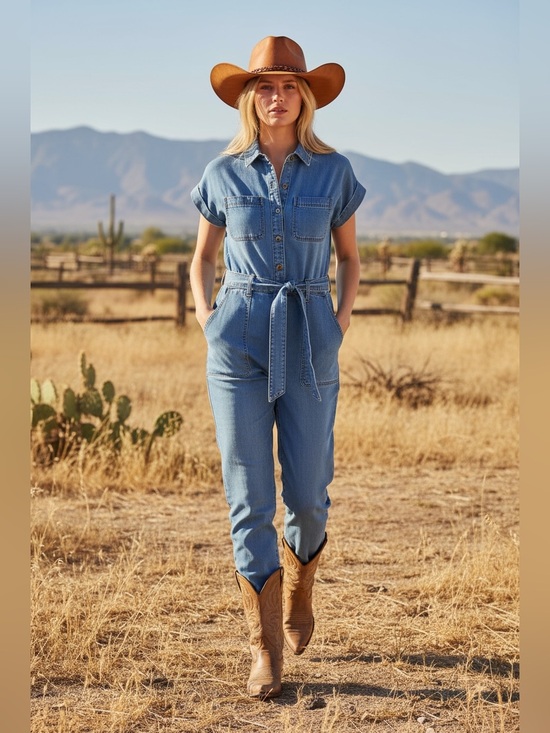 Elan Pants - ON SALE!...Western Blue Tencel Denim Tie-Waist Jumpsuit | Cowgirl Rancho Style